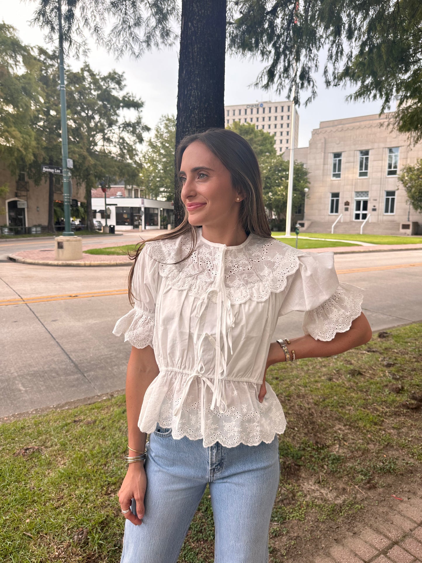 Eyelet Lace Detail Cinched Elastic Waist Top