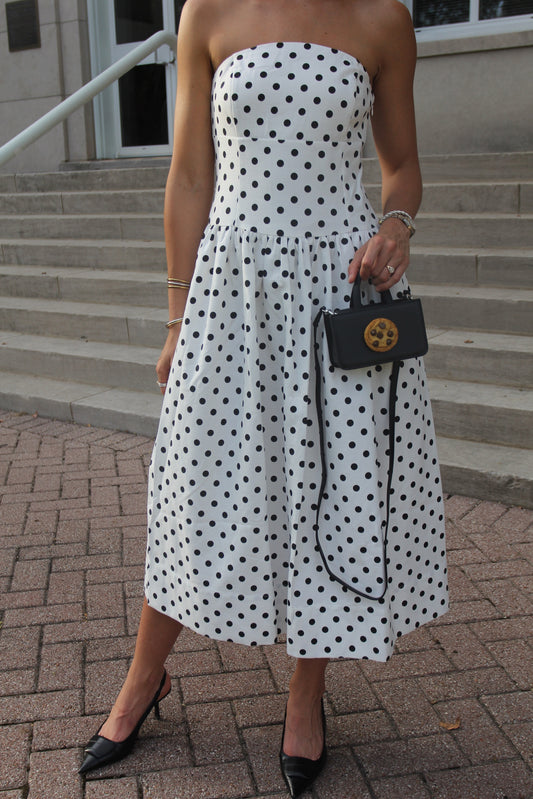 Strapless Polka Dot Taffeta Midi Dress